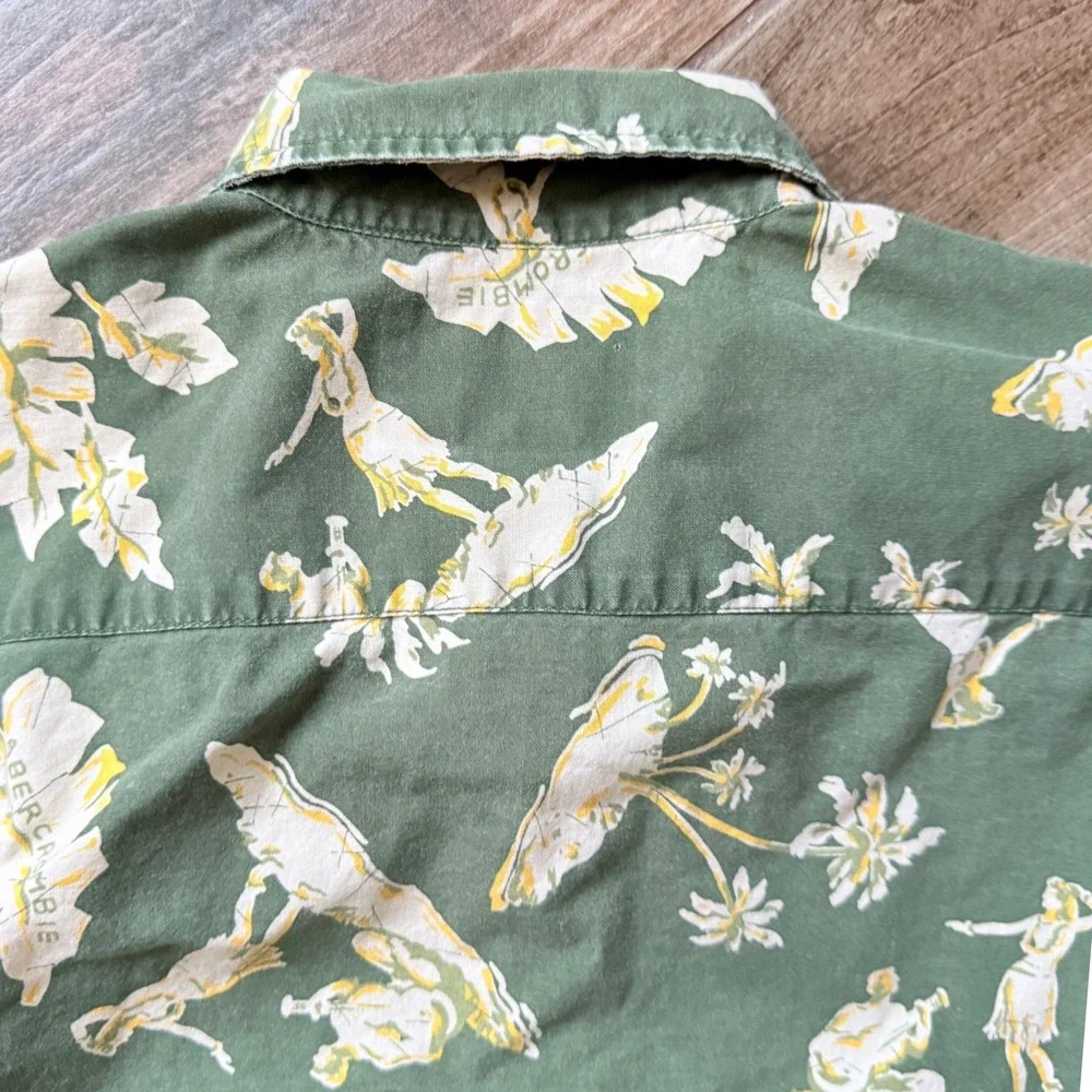 Abercrombie & Fitch Mens Vintage 90s Mens Hawaiian Hula Button Up Shirt, Green,L - Picture 10 of 11